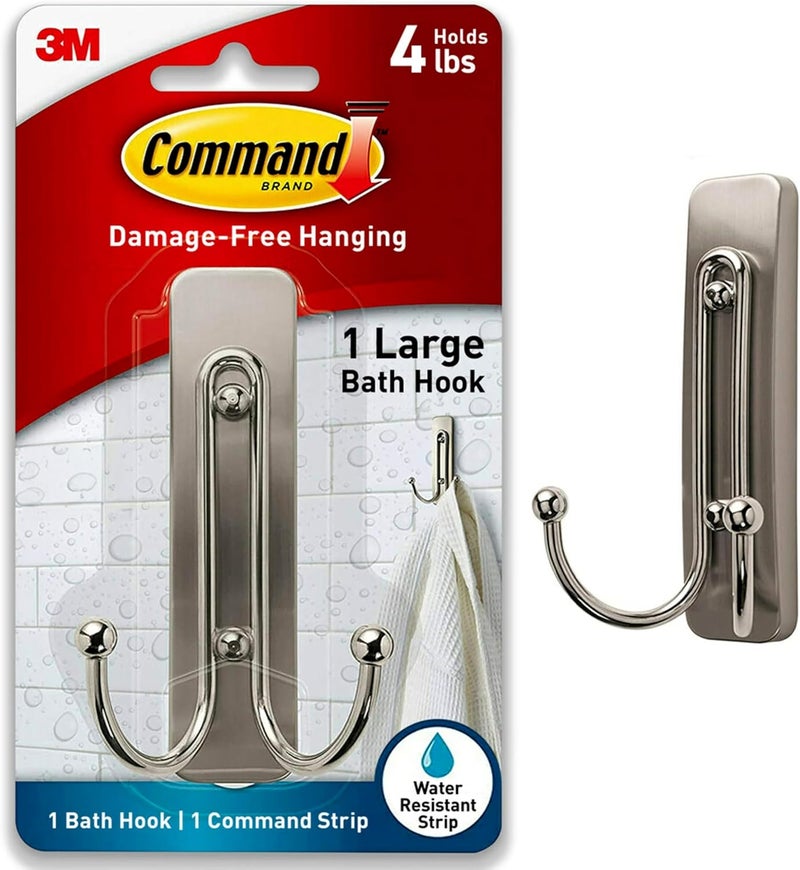 Command Large Double Bathroom Wall Hook, Damage-Free Hanging with Adhesive Strip, Great for Hanging Bath Towels, 1 Satin Nickel Wall Hook and 1 Water-Resistant Strip, Holds up to 4 lb - Image 1